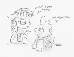 Size: 1450x1121 | Tagged: safe, artist:dilarus, banned from derpibooru, deleted from derpibooru, derpibooru import, spike, twilight sparkle, alicorn, dragon, pony, comic book, dialogue, female, floppy ears, implied donald trump, iphone, male, mare, monochrome, mouthpiece, onomatopoeia, op started shit, politics, simple background, sketch, sketch dump, traditional art, us politics, vulgar, white background