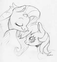 Size: 1470x1577 | Tagged: safe, artist:dilarus, banned from derpibooru, deleted from derpibooru, derpibooru import, fluttershy, rainbow dash, pegasus, pony, female, flutterdash, heart, kissing, lesbian, mare, monochrome, shipping, simple background, size difference, smoldash, tallershy, traditional art, white background