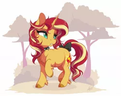 Size: 2048x1618 | Tagged: safe, artist:dvixie, banned from derpibooru, deleted from derpibooru, derpibooru import, sunset shimmer, pony, unicorn, beautiful, bow, choker, cloven hooves, eyeshadow, female, makeup, mare, solo, spiked choker, tail bow, tree, unshorn fetlocks