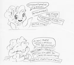 Size: 1919x1684 | Tagged: safe, artist:dilarus, banned from derpibooru, deleted from derpibooru, derpibooru import, pinkie pie, earth pony, pony, cupcake, dialogue, female, food, hashtag, mare, monochrome, simple background, social commentary, social media, traditional art, white background