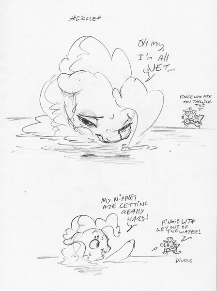 Size: 1651x2212 | Tagged: suggestive, artist:dilarus, banned from derpibooru, deleted from derpibooru, derpibooru import, pinkie pie, rarity, earth pony, pony, unicorn, ..., dialogue, female, mare, monochrome, onomatopoeia, simple background, traditional art, white background