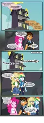 Size: 1919x5336 | Tagged: safe, artist:paulysentry, banned from derpibooru, deleted from derpibooru, derpibooru import, applejack, pinkie pie, rainbow dash, oc, oc:copper plume, comic:the copperpie chronicles, equestria girls, equestria girls series, rollercoaster of friendship, spoiler:eqg series (season 2), canon x oc, clothes, comic, commission, commissioner:imperfectxiii, copperpie, cowboy hat, denim skirt, equestria land, female, freckles, glasses, hat, haunted house, holding hands, jacket, male, neckerchief, pants, screaming, shipping, shirt, skirt, stetson, straight, text bubbles