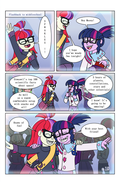 Size: 2650x4096 | Tagged: safe, artist:verumteednp, banned from derpibooru, deleted from derpibooru, derpibooru import, moondancer, sci-twi, twilight sparkle, comic:sparkling shimmer, equestria girls, braces, chapter 3, equestria girls-ified, female, flashback, glasses, grin, smiling