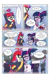 Size: 2650x4096 | Tagged: safe, artist:verumteednp, banned from derpibooru, deleted from derpibooru, derpibooru import, moondancer, sci-twi, twilight sparkle, comic:sparkling shimmer, equestria girls, braces, chapter 3, equestria girls-ified, female, flashback, glasses, grin, smiling