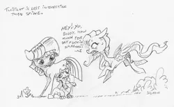 Size: 2179x1347 | Tagged: safe, artist:dilarus, banned from derpibooru, deleted from derpibooru, derpibooru import, fluttershy, spike, twilight sparkle, dragon, pegasus, pony, unicorn, comic:the many faces of twilight sparkle, friendship is magic, dialogue, exclamation point, female, interrobang, male, mare, monochrome, question mark, scene interpretation, simple background, sweat, traditional art, vulgar, white background