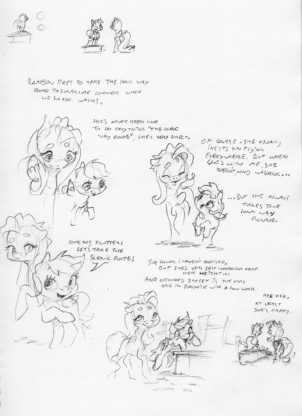 Size: 2394x3296 | Tagged: safe, artist:dilarus, banned from derpibooru, deleted from derpibooru, derpibooru import, fluttershy, rainbow dash, pegasus, pony, dialogue, duo, female, mare, monochrome, simple background, size difference, sketch, slice of life, smoldash, tallershy, traditional art, white background