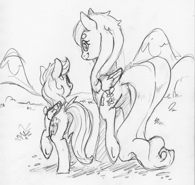 Size: 1671x1581 | Tagged: safe, artist:dilarus, banned from derpibooru, deleted from derpibooru, derpibooru import, fluttershy, rainbow dash, pegasus, pony, female, mare, monochrome, rear view, simple background, size difference, smoldash, tallershy, traditional art, white background