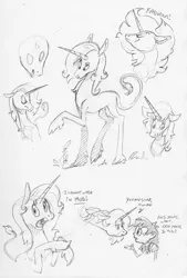 Size: 2340x3457 | Tagged: safe, artist:dilarus, banned from derpibooru, deleted from derpibooru, derpibooru import, classical unicorn, human, pony, unicorn, cloven hooves, dialogue, female, leonine tail, mare, marigold heavenly nostrils, monochrome, phoebe, phoebe and her unicorn, simple background, style emulation, traditional art, unshorn fetlocks, white background