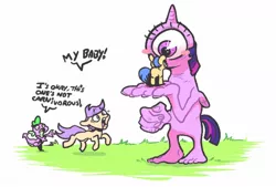 Size: 1194x808 | Tagged: safe, artist:dilarus, artist:sourspot, banned from derpibooru, deleted from derpibooru, derpibooru import, spike, twilight sparkle, oc, anthro, cyclops, comic:the many faces of twilight sparkle, blushing, collaboration, dialogue, female, foal, male, mare, not salmon, simple background, species swap, traditional art, wat, white background