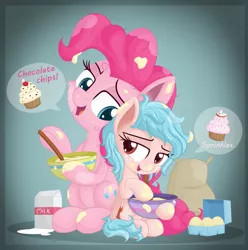 Size: 2478x2500 | Tagged: safe, artist:vito, banned from derpibooru, deleted from derpibooru, derpibooru import, cozy glow, pinkie pie, 4chan, a better ending for cozy, alternate hairstyle, baking, batter, bowl, cake batter, cooking, cozybetes, cozylove, cute, dialogue, diapinkes, drawthread, egg, flour, food, messy mane, milk, /mlp/