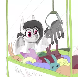 Size: 1010x992 | Tagged: safe, artist:sand-filled-scarecrow, banned from derpibooru, deleted from derpibooru, derpibooru import, oc, oc:inkenel, oc:oretha, unofficial characters only, pony, crane game, macro, micro, plush bunny, plushie, simple background, white background