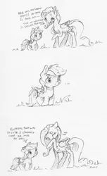 Size: 1889x3101 | Tagged: safe, artist:dilarus, banned from derpibooru, deleted from derpibooru, derpibooru import, fluttershy, rainbow dash, pegasus, pony, ..., bad joke, beanbrows, comic, cute, dialogue, eyebrows, female, giggling, joke, mare, monochrome, nanodash, shyabetes, simple background, size difference, smoldash, tallershy, teasing, traditional art, white background
