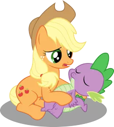 Size: 846x944 | Tagged: safe, artist:paulysentry, banned from derpibooru, deleted from derpibooru, derpibooru import, applejack, spike, dragon, earth pony, pony, applespike, concerned, eyes closed, female, holding a dragon, injured, male, mare, shipping, simple background, sitting, spikelove, straight, transparent background, vector, worried