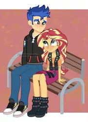 Size: 1280x1764 | Tagged: safe, artist:paulysentry, banned from derpibooru, deleted from derpibooru, derpibooru import, flash sentry, sunset shimmer, equestria girls, equestria girls series, arm on shoulder, bench, clothes, converse, female, flashimmer, flashset daily, male, obtrusive watermark, shipping, shoes, straight, watermark