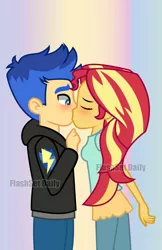 Size: 1242x1920 | Tagged: safe, artist:paulysentry, banned from derpibooru, deleted from derpibooru, derpibooru import, flash sentry, sunset shimmer, equestria girls, blushing, cute, eyes closed, female, flashimmer, flashset daily, kissing, male, obtrusive watermark, shipping, straight, watermark