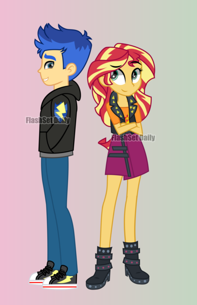 Size: 1242x1920 | Tagged: safe, artist:paulysentry, banned from derpibooru, deleted from derpibooru, derpibooru import, flash sentry, sunset shimmer, equestria girls, equestria girls series, clothes, converse, crossed arms, cute, female, flashimmer, flashset daily, looking at each other, male, obtrusive watermark, shipping, shoes, smiling, straight, watermark