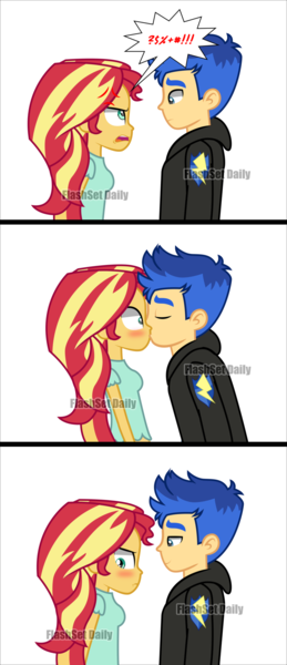 Size: 828x1920 | Tagged: safe, artist:paulysentry, banned from derpibooru, deleted from derpibooru, derpibooru import, flash sentry, sunset shimmer, equestria girls, blushing, comic, cute, female, flashimmer, flashset daily, kissing, male, shipping, straight, tsundere, tsunset shimmer