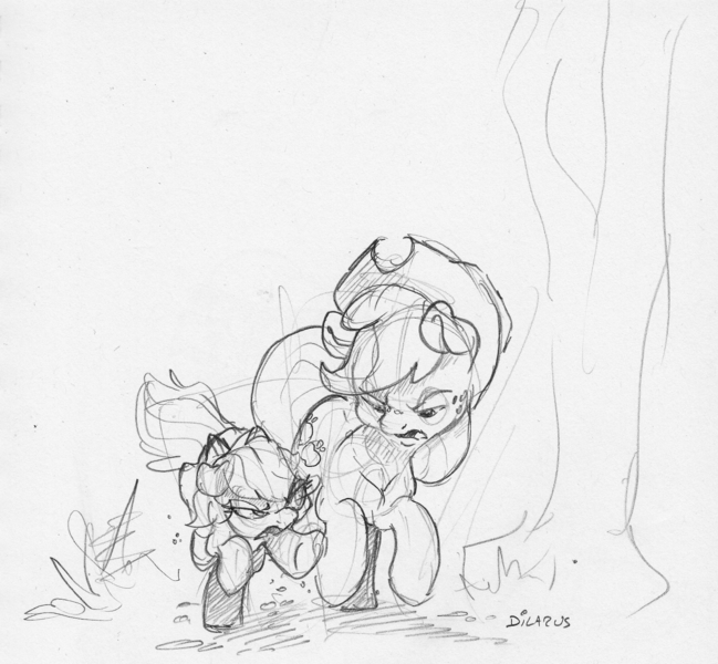 Size: 1614x1493 | Tagged: safe, artist:dilarus, banned from derpibooru, deleted from derpibooru, derpibooru import, applejack, rainbow dash, earth pony, pegasus, pony, female, freckles, hat, mare, monochrome, simple background, size difference, smoldash, traditional art, white background