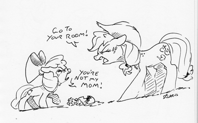 Size: 1694x1059 | Tagged: safe, artist:dilarus, banned from derpibooru, deleted from derpibooru, derpibooru import, apple bloom, applejack, earth pony, pony, angry, bow, crying, dialogue, female, filly, freckles, hat, mare, monochrome, open mouth, simple background, traditional art, vase, white background