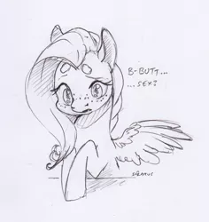 Size: 1296x1373 | Tagged: suggestive, artist:dilarus, banned from derpibooru, deleted from derpibooru, derpibooru import, fluttershy, pegasus, pony, ..., beanbrows, dialogue, eyebrows, female, freckles, implied anal, implied sex, lewd, mare, monochrome, simple background, traditional art, white background
