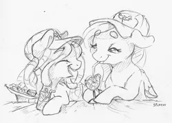 Size: 1546x1106 | Tagged: safe, artist:dilarus, banned from derpibooru, deleted from derpibooru, derpibooru import, fluttershy, tree hugger, earth pony, pegasus, pony, beanbrows, drinking, drinking straw, eyebrows, female, hat, laughing, mare, monochrome, simple background, size difference, snacks, straw in mouth, tallershy, traditional art, white background