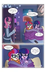 Size: 2650x4096 | Tagged: safe, artist:verumteednp, banned from derpibooru, deleted from derpibooru, derpibooru import, moondancer, sci-twi, twilight sparkle, oc, oc:moondancer's mom, comic:sparkling shimmer, equestria girls, bed, chapter 3, clothes, dialogue, open mouth, speech bubble