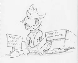 Size: 1687x1367 | Tagged: safe, artist:dilarus, banned from derpibooru, deleted from derpibooru, derpibooru import, changeling, cute, homeless, monochrome, open mouth, sign, simple background, traditional art, white background