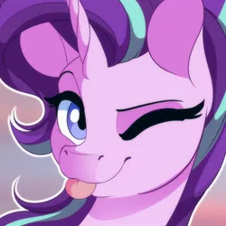 Size: 894x894 | Tagged: safe, artist:dvixie, banned from derpibooru, deleted from derpibooru, derpibooru import, starlight glimmer, pony, unicorn, :p, bust, cute, female, glimmerbetes, mare, one eye closed, solo, tongue out, wink