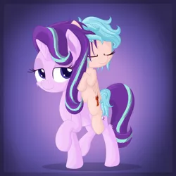 Size: 2500x2500 | Tagged: safe, artist:vito, banned from derpibooru, deleted from derpibooru, derpibooru import, cozy glow, starlight glimmer, pegasus, pony, unicorn, /mlp/, 4chan, a better ending for cozy, alternate hairstyle, cheek fluff, cozybetes, cozylove, cute, drawthread, eyes closed, female, filly, good end, leg fluff, mare, ponies riding ponies, riding, riding a pony