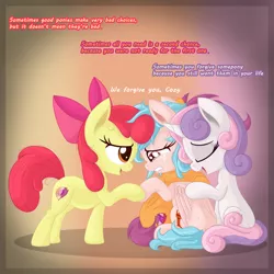 Size: 2500x2500 | Tagged: safe, artist:vito, banned from derpibooru, deleted from derpibooru, derpibooru import, apple bloom, cozy glow, scootaloo, sweetie belle, earth pony, pegasus, pony, unicorn, /mlp/, 4chan, a better ending for cozy, adorabloom, alternate hairstyle, cozybetes, cozylove, crying, cute, cutie mark crusaders, dialogue, diasweetes, drawthread, eyes closed, forgiveness, hug, smiling