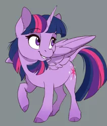 Size: 376x443 | Tagged: safe, artist:dvixie, banned from derpibooru, deleted from derpibooru, derpibooru import, edit, twilight sparkle, twilight sparkle (alicorn), alicorn, classical unicorn, pony, unicorn, chibi, cloven hooves, cropped, cute, eyebrows visible through hair, female, gray background, leonine tail, mare, raised hoof, simple background, smiling, solo focus, spread wings, twiabetes, unshorn fetlocks, wing fluff, wings
