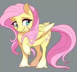 Size: 461x428 | Tagged: safe, artist:dvixie, banned from derpibooru, deleted from derpibooru, derpibooru import, edit, fluttershy, pegasus, pony, chest fluff, chibi, cropped, cute, ear fluff, female, gray background, hoof fluff, looking away, mare, raised hoof, shy, shyabetes, simple background, smiling, unshorn fetlocks