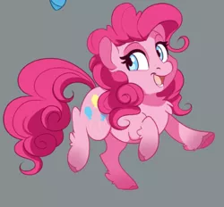 Size: 442x411 | Tagged: safe, artist:dvixie, banned from derpibooru, deleted from derpibooru, derpibooru import, edit, pinkie pie, earth pony, pony, chest fluff, chibi, cropped, cute, diapinkes, female, gray background, happy, hoof fluff, leg fluff, mare, open mouth, raised hoof, simple background, smiling, solo focus, unshorn fetlocks