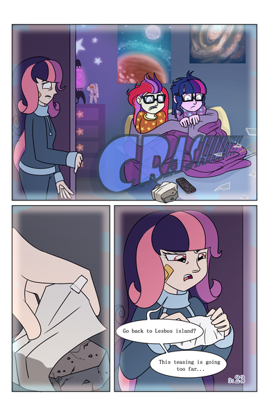 Size: 2650x4096 | Tagged: safe, artist:verumteednp, banned from derpibooru, deleted from derpibooru, derpibooru import, moondancer, sci-twi, twilight sparkle, oc, oc:moondancer's mom, comic:sparkling shimmer, equestria girls, chapter 3, clothes, comic, dialogue, speech bubble