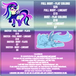 Size: 4900x4901 | Tagged: safe, artist:taaffeiite, banned from derpibooru, deleted from derpibooru, derpibooru import, coloratura, rainbow dash, earth pony, pegasus, pony, advertisement, blushing, clothes, commission info, countess coloratura, female, gradient background, makeup, mare, open mouth, prone, raised hoof, running makeup, singing, sketch, spread wings, text, wings