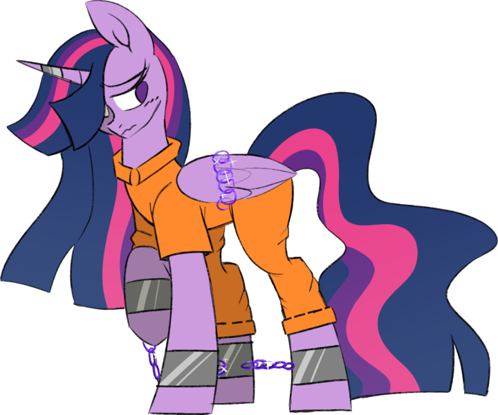 Size: 1389x1157 | Tagged: safe, artist:taaffeiite, banned from derpibooru, deleted from derpibooru, derpibooru import, princess twilight 2.0, twilight sparkle, twilight sparkle (alicorn), alicorn, pony, the last problem, bound wings, chains, clothes, commission, crystal chains, cuffs, duckery in the description, ethereal mane, horn, horn ring, magic suppression, prison outfit, prisoner, prisoner ts, punishment, ring, shackles, simple background, solo, transparent background, wings