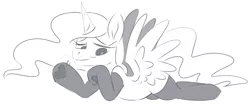Size: 2039x858 | Tagged: suggestive, artist:taaffeiite, banned from derpibooru, deleted from derpibooru, derpibooru import, princess celestia, alicorn, pony, bedroom eyes, clothes, ethereal mane, female, heart eyes, hoof on chin, mare, monochrome, prone, simple background, smiling, socks, solo, spread wings, waving, white background, wingding eyes, wings