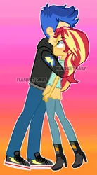 Size: 1061x1920 | Tagged: safe, artist:paulysentry, banned from derpibooru, deleted from derpibooru, derpibooru import, flash sentry, sunset shimmer, equestria girls, blushing, cute, female, flashimmer, flashset daily, gradient background, hug, male, shipping, straight