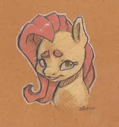 Size: 1022x1084 | Tagged: safe, artist:dilarus, banned from derpibooru, deleted from derpibooru, derpibooru import, fluttershy, pegasus, pony, beanbrows, bust, eyebrows, female, mare, pastel pencils, pencil drawing, simple background, smiling, solo, toned paper, traditional art