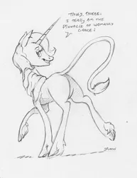 Size: 1534x1985 | Tagged: safe, artist:dilarus, banned from derpibooru, deleted from derpibooru, derpibooru import, classical unicorn, pony, unicorn, butt, cloven hooves, dialogue, female, leonine tail, looking back, mare, marigold heavenly nostrils, monochrome, plot, rear view, simple background, solo, style emulation, traditional art, unshorn fetlocks, white background