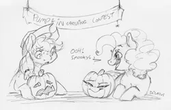 Size: 2219x1417 | Tagged: safe, artist:dilarus, banned from derpibooru, deleted from derpibooru, derpibooru import, applejack, pinkie pie, earth pony, pony, blushing, dialogue, female, freckles, halloween, hat, holiday, jack-o-lantern, mare, monochrome, open mouth, pumpkin, pumpkin carving, simple background, traditional art, white background