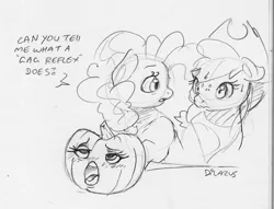 Size: 1593x1220 | Tagged: suggestive, artist:dilarus, banned from derpibooru, deleted from derpibooru, derpibooru import, applejack, pinkie pie, earth pony, pony, ahegao, applepie, blushing, dialogue, female, halloween, hat, holiday, jack-o-lantern, lesbian, mare, monochrome, open mouth, pumpkin, pumpkin carving, shipping, simple background, story included, tongue out, traditional art, white background