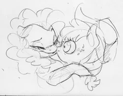 Size: 1409x1099 | Tagged: safe, artist:dilarus, banned from derpibooru, deleted from derpibooru, derpibooru import, applejack, pinkie pie, earth pony, pony, applepie, blushing, female, hat, lesbian, mare, monochrome, possible incest, pumpkin, shipping, simple background, story included, traditional art, white background