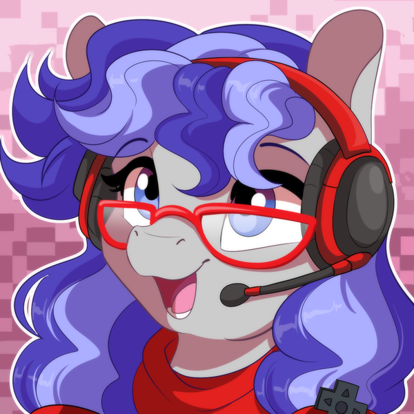 Size: 1000x1000 | Tagged: safe, artist:dvixie, banned from derpibooru, deleted from derpibooru, derpibooru import, oc, oc:cinnabyte, unofficial characters only, pony, bandana, female, gaming headset, glasses, headset, icon, mare, open mouth, pigtails, purple