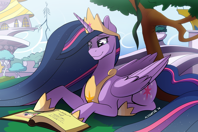 Size: 1920x1280 | Tagged: safe, artist:-acesential, artist:acesential, banned from derpibooru, deleted from derpibooru, derpibooru import, princess twilight 2.0, twilight sparkle, twilight sparkle (alicorn), alicorn, pony, the last problem, book, bookends, canterlot, female, g4, image, mare, older, older twilight, png, prone, smiling, solo, teary eyes, tree