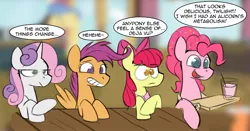 Size: 1177x619 | Tagged: safe, artist:acesential, banned from derpibooru, deleted from derpibooru, derpibooru import, apple bloom, pinkie pie, scootaloo, sweetie belle, earth pony, pegasus, pony, unicorn, the last problem, cutie mark crusaders, deja vu, implied eating, implied twilight sparkle, older, older apple bloom, older cmc, older pinkie pie, older scootaloo, older sweetie belle