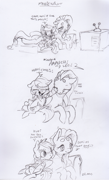 Size: 2131x3501 | Tagged: safe, artist:dilarus, banned from derpibooru, deleted from derpibooru, derpibooru import, fluttershy, rainbow dash, pegasus, pony, beanbrows, comic, couch, dialogue, exclamation point, eyebrows, female, interrobang, mare, monochrome, onomatopoeia, question mark, simple background, smoldash, tallershy, television, traditional art, white background