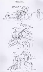 Size: 2131x3501 | Tagged: safe, artist:dilarus, banned from derpibooru, deleted from derpibooru, derpibooru import, fluttershy, rainbow dash, pegasus, pony, beanbrows, comic, couch, dialogue, exclamation point, eyebrows, female, interrobang, mare, monochrome, onomatopoeia, question mark, simple background, smoldash, tallershy, television, traditional art, white background