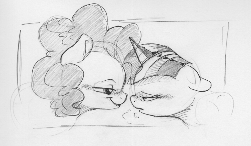 Size: 1783x1040 | Tagged: safe, artist:dilarus, banned from derpibooru, deleted from derpibooru, derpibooru import, pinkie pie, twilight sparkle, twilight sparkle (alicorn), alicorn, earth pony, pony, blushing, duo, female, mare, monochrome, open mouth, simple background, sketch, smiling, traditional art, white background