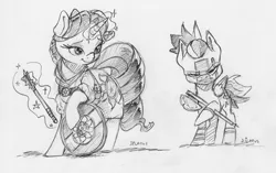 Size: 2273x1428 | Tagged: safe, artist:dilarus, banned from derpibooru, deleted from derpibooru, derpibooru import, rainbow dash, rarity, dwarf, hybrid, pegasus, pony, unicorn, axe, barbarian, cleric, cutie mark, dungeons and dragons, fantasy class, female, mace, magic, mare, monochrome, pen and paper rpg, rpg, shield, simple background, sun, telekinesis, traditional art, weapon, white background, woad